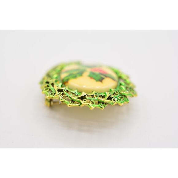 Tancer II Christmas Pin Brooch Holiday Red Berry Mistletoe Gold Signed BinAL - Picture 7 of 12